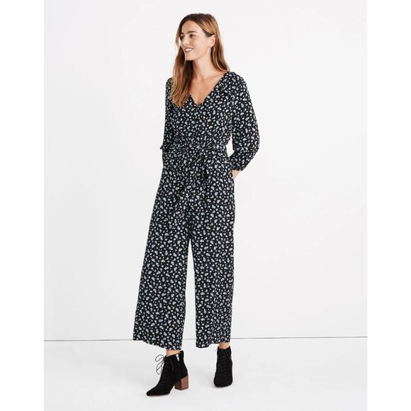 Madewell Ruffle-Sleeve Tie-waist Jumpsuit in Baby’s Breath True Black Sz L NWOT - Picture 1 of 7